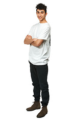 Image showing Fashion, happy and portrait of man in studio with crossed arms, confidence and pride on white background. Smile, confident model and isolated young male person in trendy casual clothes in Palestine