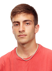 Image showing Fashion, face and portrait of man in studio with confidence, attractive and pride on white background. Style, confident and isolated handsome, serious and young male person with trendy casual clothes