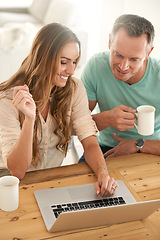 Image showing Laptop, home and happy couple with online news, digital review and check website or application for information. Mature partner, woman or people on computer or pc streaming with coffee for planning