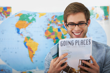 Image showing Travel agency, magazine and happy man reading brochure information, tourism book or research world tour ideas. Business, agent and professional person, client or customer smile for destination plan