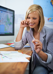 Image showing Travel agency office, map pin and happy woman planning sightseeing destination, tour location or transport route. Ideas, agent or business person smile for world, global or international tourism plan