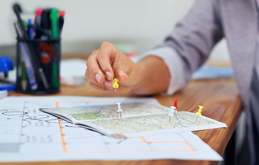 Image showing Travel agency, map pin and woman hands planning sightseeing destination, holiday location or transport route. Vacation, office agent or closeup person with world, global or international tourism plan