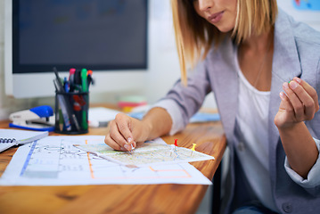 Image showing Travel agent, map pin and woman hands planning sightseeing destination, tour location or route transport. Office strategy, agency and business person with world, global or international tourism plan