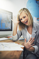 Image showing Travel agent, map or business woman excited for holiday success plan, tour strategy or destination location. Funny, wow achievement or professional person happy for vacation planning, agency or guide