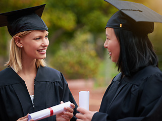 Image showing Graduation, girl friends and study diploma of students with happy communication outdoor. Mockup, female student and campus graduate with happiness and college achievement with diversity and toga