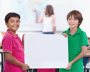 Image showing Poster mockup, portrait and children in classroom for geography knowledge, map education and advertising space. Happy diversity kids, mock up paper or board in learning, teaching and map presentation