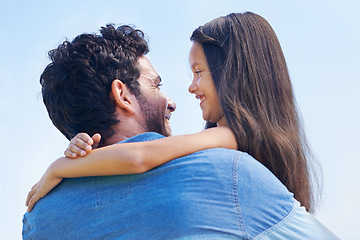 Image showing Hug, blue sky and happy family affection of father, child or people smile for outdoor sunshine, love and quality time together. Youth girl, embrace and young child bonding with dad, papa or man