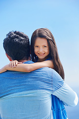 Image showing Hug, blue sky and happy portrait of father, child or family smile for outdoor freedom, wellness and enjoy quality time together. Support, love embrace and kid girl bonding with dad on Italy vacation