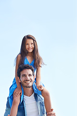 Image showing Blue sky, piggyback and happy family father, child or people looking at mockup space, future or outdoor view. Shoulder ride, summer sunshine and relax kid bonding with dad on travel, vacation or walk