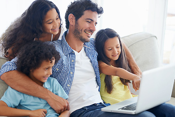 Image showing Laptop pointing, hug and dad and children gesture at social media video, online website or kid friendly movies. Together, bonding and happy family kids with father streaming home broadcast film on pc