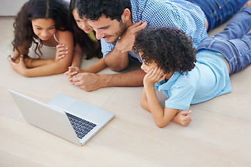 Image showing Laptop, lying on floor and father and kids watching social media video, online website or family movies. Youth happiness, bonding and family children and dad watch home broadcast film in living room