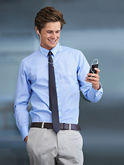 Image showing Phone, music and happy business man listen to corporate podcast, radio song or streaming mp3 sound. Happiness, wellness and relax person, consultant or agent listening to headphone audio