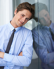 Image showing Arms crossed, happy and portrait of business man, professional consultant or agent smile for career, job or corporate. Leaning on wall, confident lawyer and person with pride in law firm company