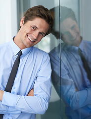 Image showing Smile, crossed arms and portrait of business man, professional consultant or agent happy for corporate career success. Legal company, confident lawyer and relax person leaning on wall