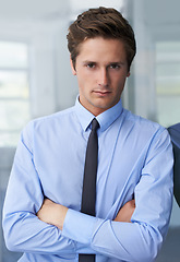 Image showing Crossed arms, serious and portrait of business man, professional consultant or agent with focus on corporate work. Mindset, confident person and businessman, accountant or employee with career pride