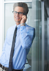 Image showing Office phone call, portrait and happy man talking, speaking or work conversation with business contact. Communication, discussion and corporate person consulting, chat or networking on cellphone