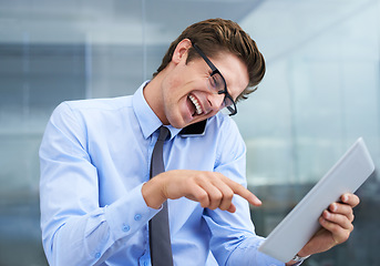 Image showing Phone call, tablet and laughing business man reading funny meme, corporate joke or news article story. Cellphone communication, pointing and talking person laugh at online web info, media or email