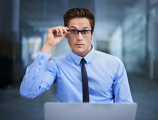 Image showing Office, glasses and portrait of business man ready for online laptop research, ecommerce or working on financial banking analysis. Bank company, eyeglasses lens and person focus on finance accounting