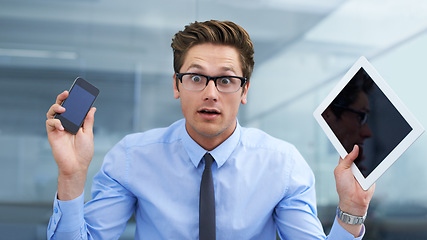 Image showing Phone, tablet or business portrait of man with technology for research, communication or UI work. Emoji facial expression, confused and crazy person, professional consultant or agent with tech screen