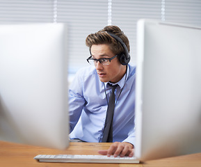 Image showing Computer, office surprise and business man shocked over information technology news, system notification or report. Listening to music, cybersecurity developer and person reading script, code or data