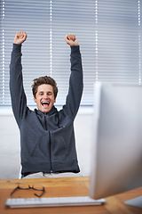 Image showing Computer, office portrait and happy man excited for winning notification, growth or company sales success. Winner, achievement and male person screaming, wow and celebrate online news announcement