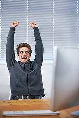 Image showing Computer, celebration portrait and happy man, business agent or consultant excited for winning, notification or success. Winner, cheers and person celebrate wow news, achievement or done with project