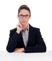 Image showing Portrait, serious and business woman with attitude in studio, confident and professional against a white background. Face, assertive and female office worker posing with empowered, mindset and focus