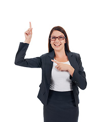 Image showing Portrait, happy and business woman pointing at mockup space, retail promotion or discount notification. Smile, corporate presentation gesture and female brand ambassador on studio white background