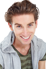 Image showing Smile, cool and portrait of man in studio for confidence, pride and satisfaction. Happiness, natural and positive with face of German male model isolated on white background as a friendly guy