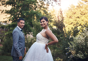 Image showing Portrait, man and woman on wedding in the garden with happiness and love to celebrate the ceremony. Couple, marriage and celebration in the outdoor for commitment with greenery and smile together.