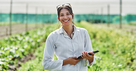 Image showing Portrait, tablet and agriculture with a woman in a greenhouse on a farm for organic sustainability. Food, spring and a female farmer outdoor to manage fresh vegetables or produce crops for harvest