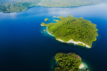 Image showing Drone view, island and nature for freedom, travel and explore, travel and trip with zen. Tropical, water and location for tourism, peace and beautiful scenery, earth and summer in Fiji from above