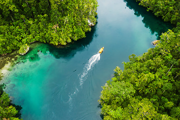 Image showing Island, ocean and drone view of a boat in nature with trees for sailing on vacation or weekend trip. Travel, adventure and aerial view of speedboat on sea of tropical resort water for summer holiday.