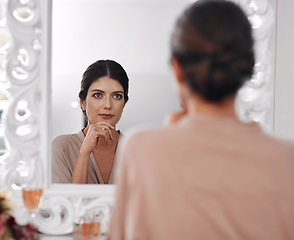 Image showing Cosmetics results, mirror and woman check facial makeup, natural skincare treatment or luxury home beauty. Spa salon, healthy skin and reflection of relax person with morning face routine