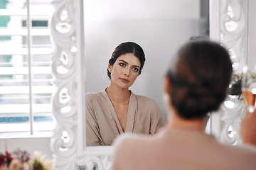 Image showing Skincare results, mirror and woman check facial makeup, natural cosmetics treatment or luxury home beauty. Spa salon, healthy skin and reflection of aesthetic person relax with morning face routine