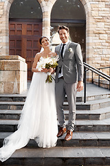 Image showing Church steps, wedding and portrait with a married couple standing outdoor together after a ceremony of tradition. Love, marriage or commitment with a man and woman outside, happy as bride and groom