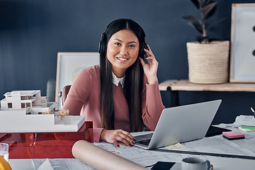 Image showing Headphones, laptop and portrait of architect woman in office streaming radio podcast. Face, music and Asian female designer listening to audio, sound or happy song, web browsing or social media on pc