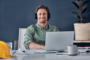 Image showing Laptop, headphones and portrait of architect man in office streaming radio podcast. Face, music and male engineer listening to audio, sound or happy song, web browsing or social media on pc mockup.