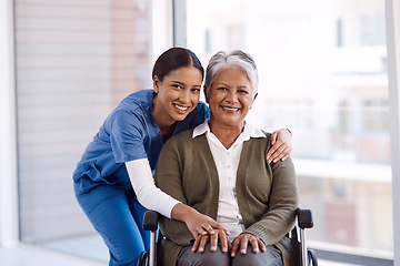 Image showing Portrait, smile and nurse with a senior woman in a wheelchair, care and rehabilitation. Face, happy female person and eldery lady with a medical professional, recovery and person with a disability