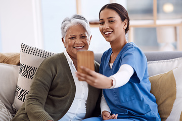 Image showing Nurse, selfie and old woman in nursing home with smile or happiness for profile pictures or retirement. Women, photography or happy caregiver relaxing or smiling with elderly person for wellness