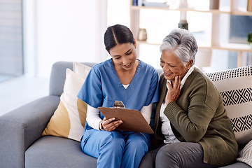 Image showing Nurse, clipboard and senior woman with insurance for home and support with a smile on a couch. Nursing professional, documents and elderly person with caregiver for medical help for retirement.