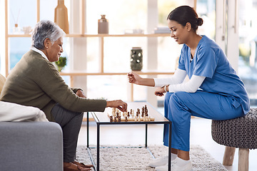 Image showing Caregiver, chess or old woman in nursing home for healthcare, problem solving skills or mental health recovery. Relaxing, nurse or focused mature patient thinking of solution or playing board games