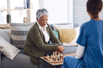 Image showing Nurse, chess or old woman in nursing home for healthcare, problem solving skills or mental health recovery. Relaxing, caregiver or focused mature patient thinking of solution or playing board games