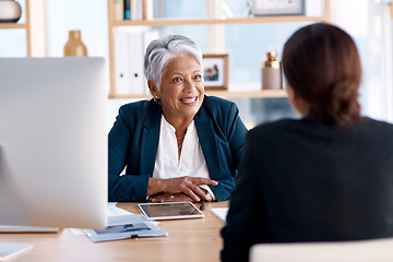 Image showing Meeting, talking or senior manager in job interview with business women in b2b negotiation discussion. Partnership collaboration, recruitment or lady speaking to hr management for hiring opportunity