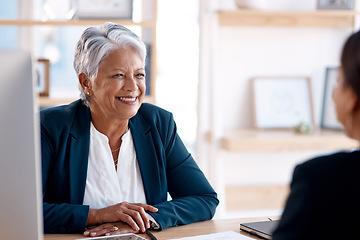 Image showing Meeting, laughing or senior manager in job interview with businesswoman talking in b2b negotiation. Happy smile, recruitment or funny person speaking to hr management for hiring opportunity in office