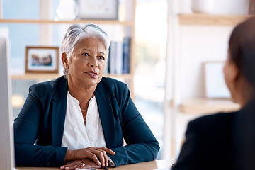 Image showing Meeting, discussion or senior manager in job interview with businesswoman talking in b2b negotiation. Partnership, recruitment or person speaking to hr management for hiring opportunity in office