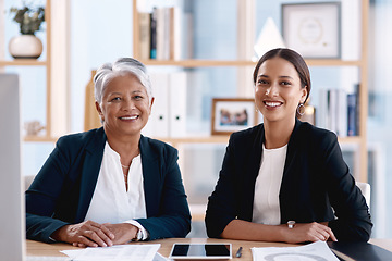 Image showing Teamwork, corporate or portrait of women working on a project together in collaboration or modern office. Diversity, smile or happy business people planning a company b2b strategy in the workplace