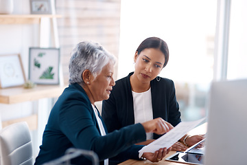 Image showing Mentor, training or business women with documents talking, speaking or planning project in office. Paperwork, teamwork collaboration or senior manager reading with intern for administration coaching