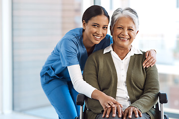 Image showing Portrait, medical or disability with a nurse and old woman in a wheelchair during a nursing home visit. Smile, healthcare or retirement with a happy female medicine professional and senior client