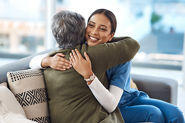 Image showing Healthcare, nurse and senior woman with care, hug and cure with happiness, support and consultation. Female person, happy employee and patient with medical professional, embrace and positive results